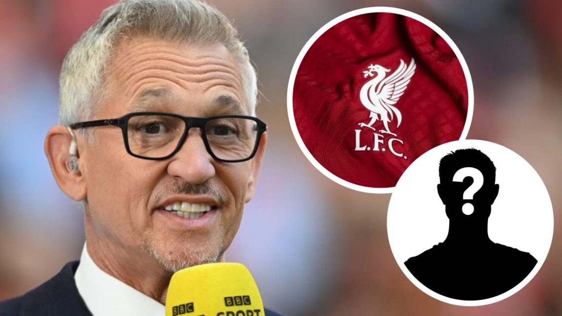 Gary Lineker, Liverpool crest (inset, top), mystery player (inset, bottom)