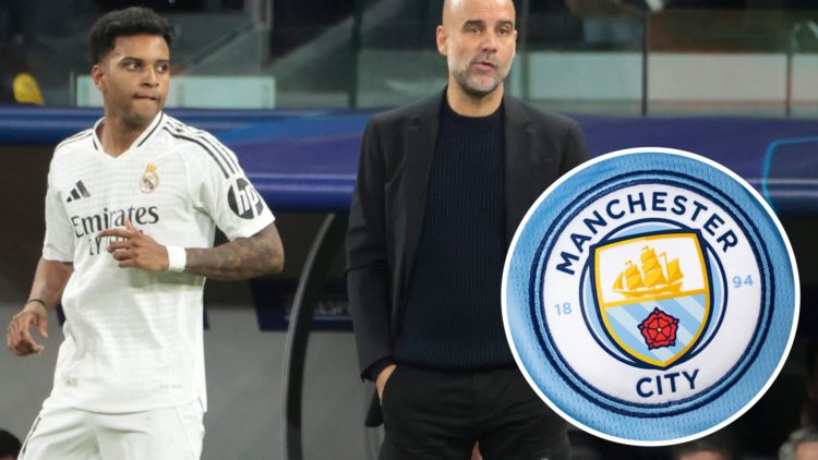 Rodrygo, Pep Guardiola, Man City badge (inset, right)