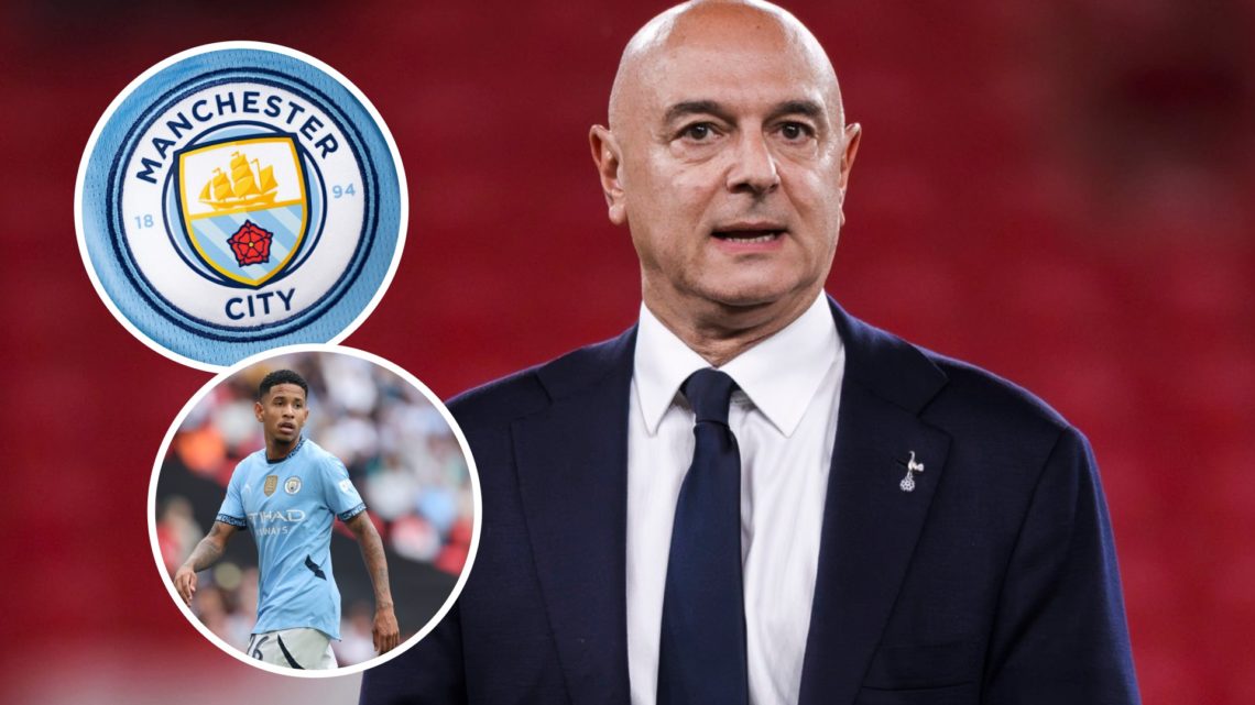 Tottenham Hotspur chairman Daniel Levy after Europa League final. Inset of Savinho and Manchester City badge.