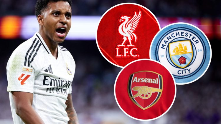 Rodrygo, Liverpool badge (inset, top), Manchester City badge (inset, right), Arsenal badge (inset, bottom)