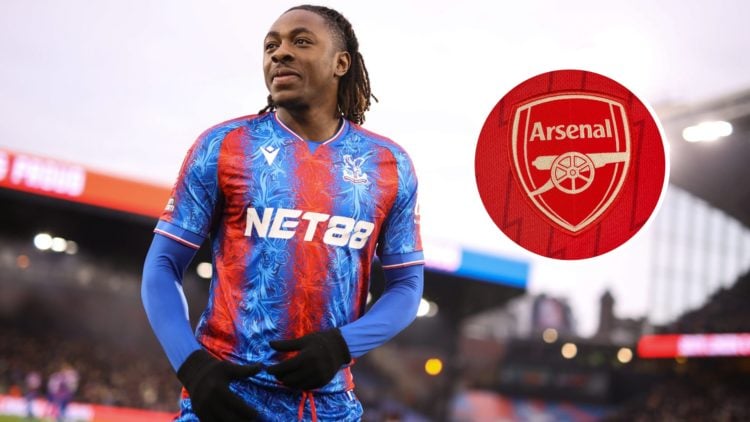 Main: Eberechi Eze before Crystal Palace's FA Cup tie against Stockport County at Selhurst Park. Inset: Arsenal badge.