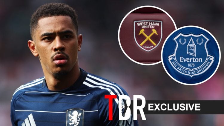 Image of Jacob Ramsey looking on during an Aston Villa game with insets of the West Ham and Everton club badges, overlaid a TBR Exclusive banner