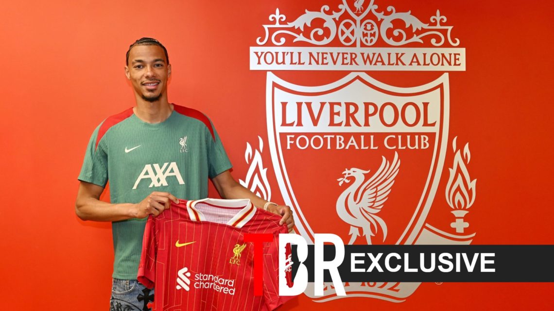 Image of Hugo Ekitike holding the Liverpool shirt after signing for them, overlaid a TBR Exclusive banner