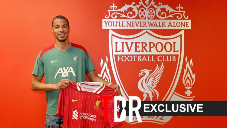 Image of Hugo Ekitike holding the Liverpool shirt after signing for them, overlaid a TBR Exclusive banner
