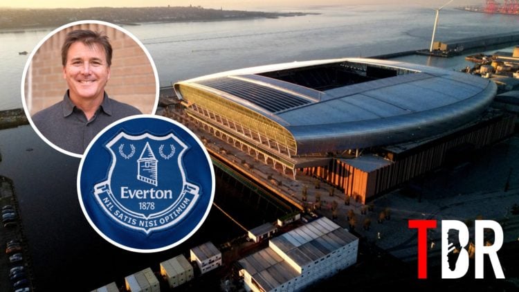 Everton's new stadium with insets of Dan Friedkin and Everton badge