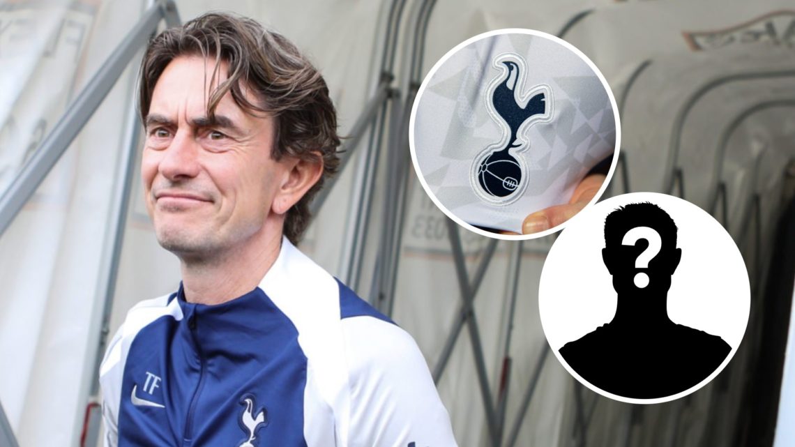 Thomas Frank of Tottenham walks down the tunnel (left), mystery player overlay and a Tottenham badge (right)