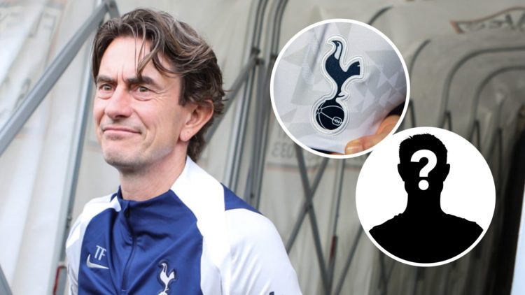 Thomas Frank of Tottenham walks down the tunnel (left), mystery player overlay and a Tottenham badge (right)