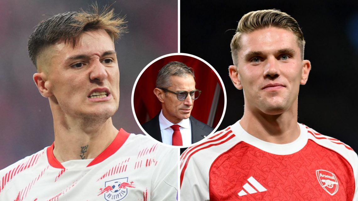 Split image of RB Leipzig striker Benjamin Sesko (L) and Arsenal's new signing Viktor Gyokeres (R). Inset of Arsenal sporting director Andrea Berta.