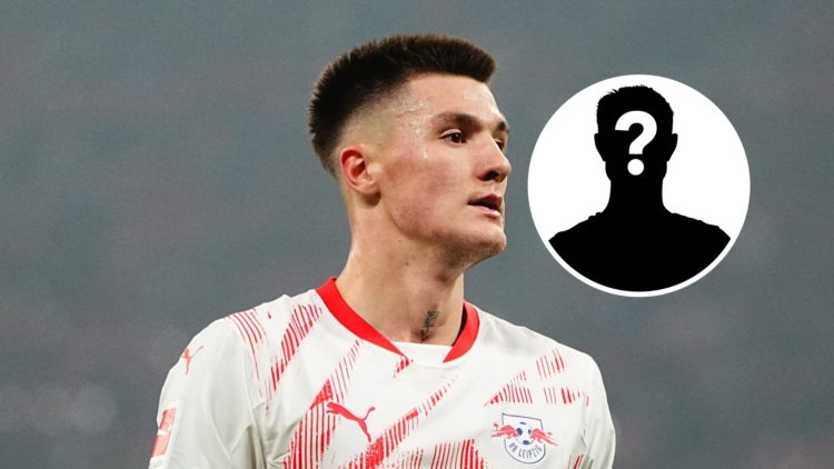 Benjamin Sesko in action for RB Leipzig, mystery figure inset