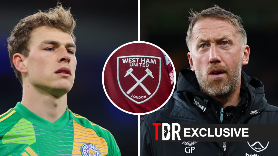 Graham Potter looks on for West Ham (right), Mads Hermansen of Leicester City looks on (left), West Ham badge (centre)
