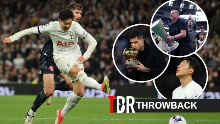 Heung min Son takes a shot for Tottenham vs Man City (left), Ange Postecoglou lifts Europa League, Son looking dejected and Rodri with the Ballon d...