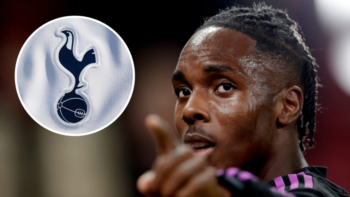 Tottenham Hotspur winger Mathys Tel in action. Inset of Spurs badge.
