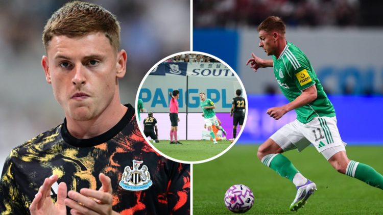 Split images of Harvey Barnes featuring for Newcastle United against Tottenham Hotspur