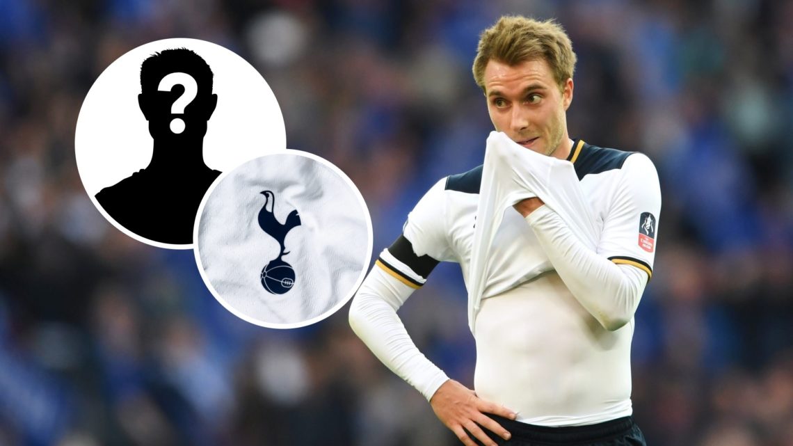 Christian Eriksen in action for Tottenham, mystery figure and Spurs badge inset