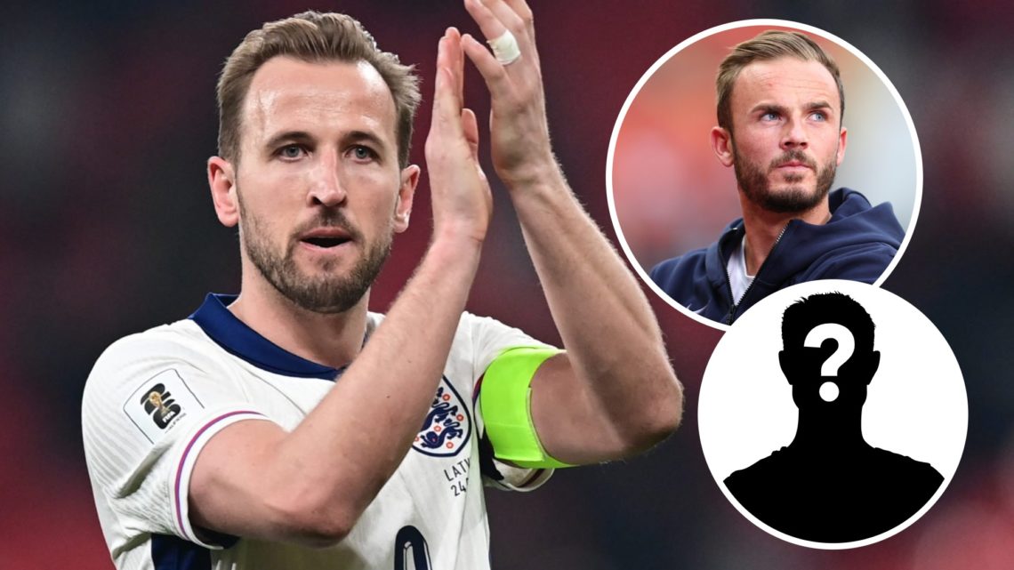 Harry Kane looks on whilst playing for England alongside an inset of Tottenham star James Maddison.