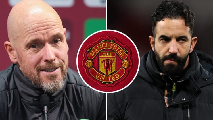 Erik ten Hag looks on (left), Ruben Amorim looks stern (left) and a Manchester United badge (centre)