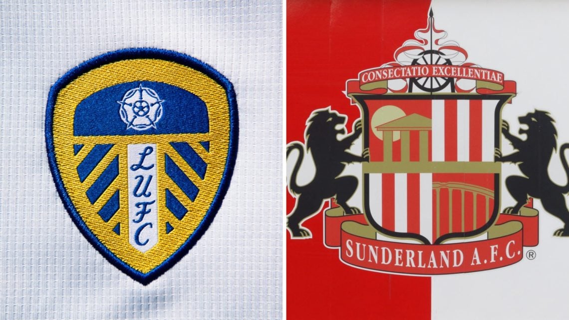 Split image of the Leeds United badge and the Sunderland badge