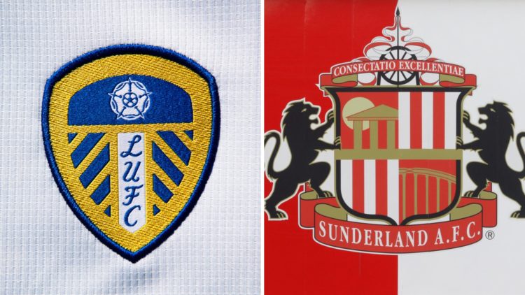 Split image of the Leeds United badge and the Sunderland badge