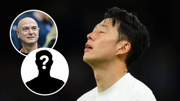Tottenham Hotspur Son Heung-min in action. Inset of Daniel Levy and mystery player.