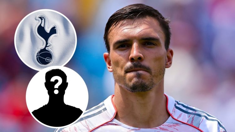 New Tottenham Hotspur midfielder Joao Palhinha ahead of FIFA Club World Cup match. Inset of Spurs badge and a mystery player.