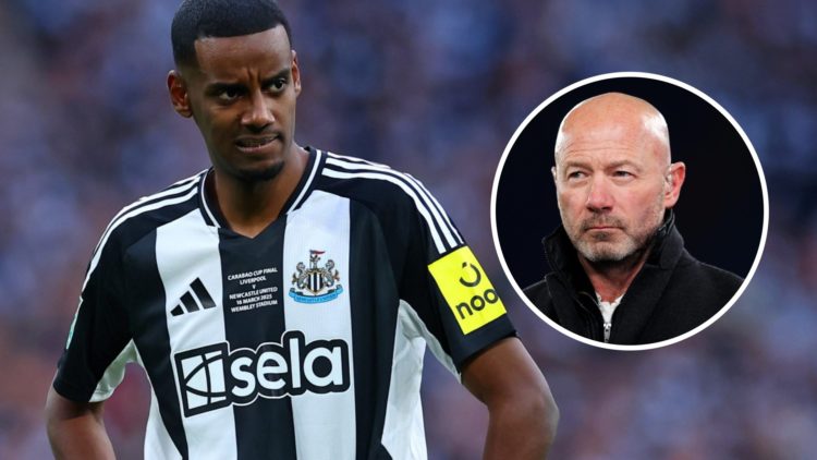 Alexander Isak looks on during a Newcastle match alongside an inset of Alan Shearer.