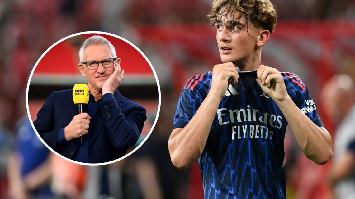 Max Dowman during a match for Arsenal alongside an inset of Gary Lineker.