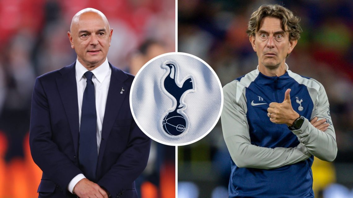 Split image of Tottenham Hotspur chairman Daniel Levy (L) and Tottenham mananger Thomas Frank (R). Inset of Spurs badge.