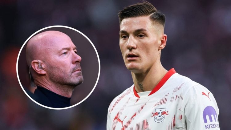 Benjamin Sesko looks on for RB Leipzig alongside an inset of Newcastle legend Alan Shearer.