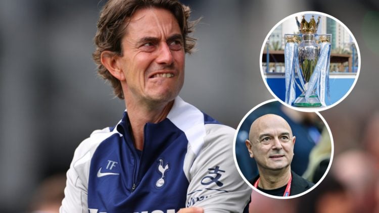 Tottenham Hotspur manager Thomas Frank ahead of friendly vs Reading. Inset of Spurs chairman Daniel Levy and the Premier League trophy.