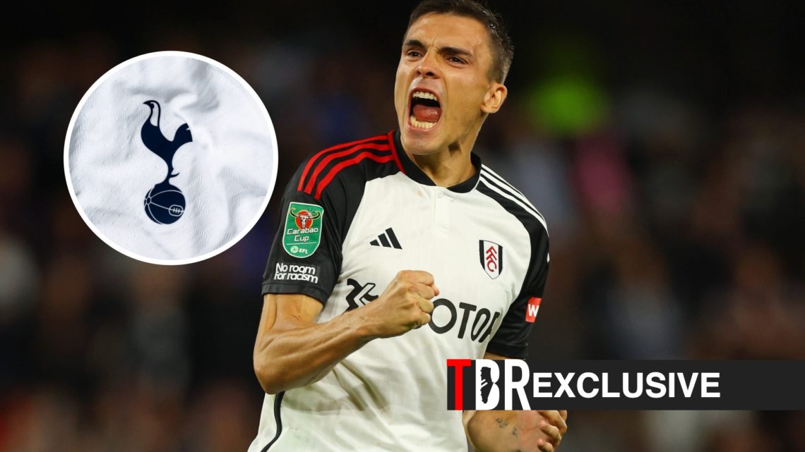 Joao Palhinha celebrates for Fulham, Tottenham badge, TBR logo and exclusive tag inset