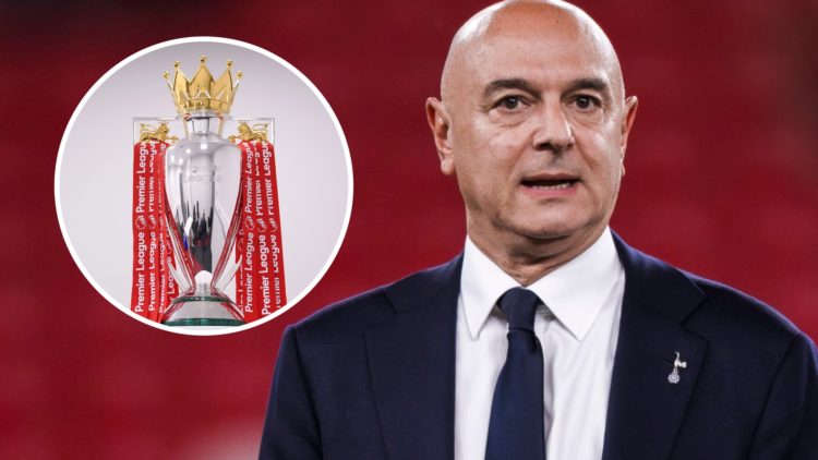 Tottenham Hotspur chairman Daniel Levy with the Premier League trophy inset