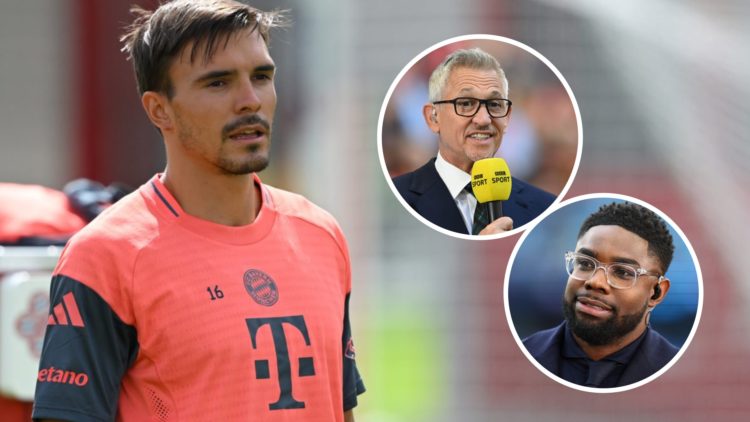New Tottenham signing Joao Palhinha training with Bayern Munich alongside insets of Gary Lineker and Micah Richards.