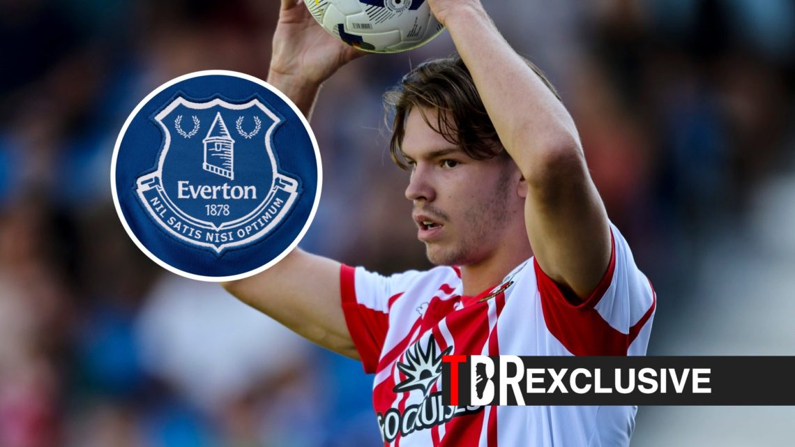 Tyler Dibling in action for Southampton, Everton badge, TBR logo and exclusive tag inset