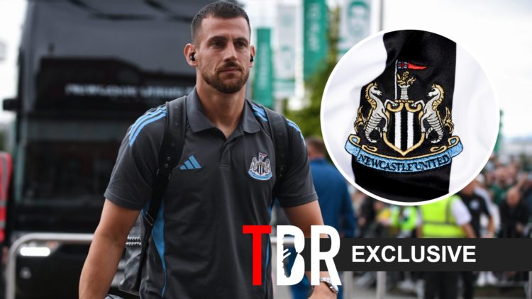 Martin Dubravka with the Newcastle United badge inset and the TBR Exclusive overlay