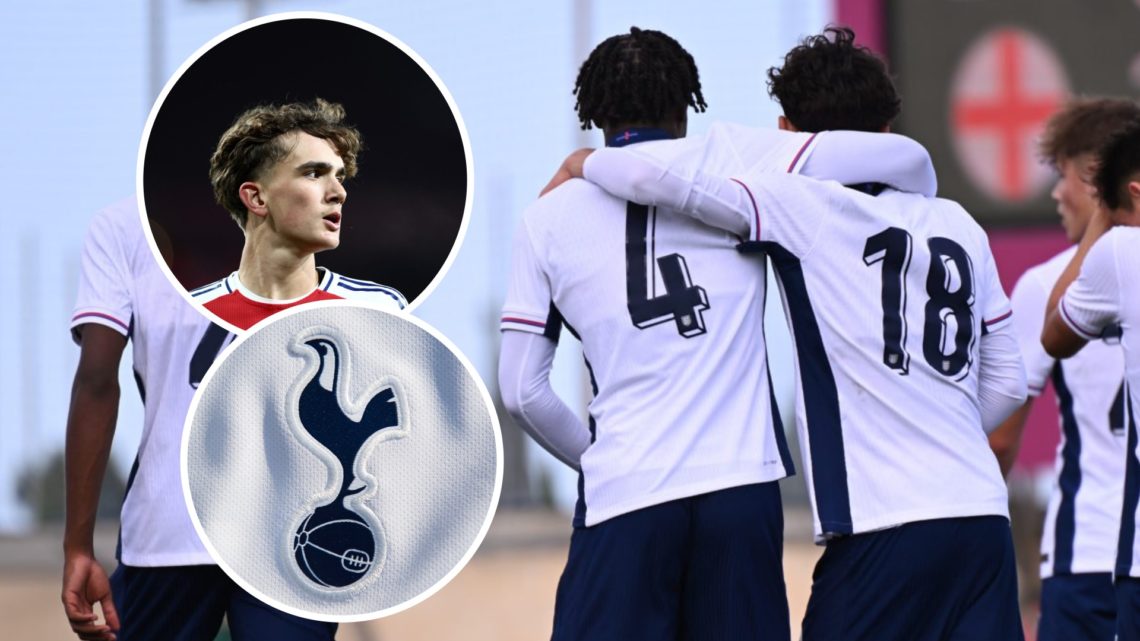 Tottenham Hotspur talent Luca Williams-Barnett in action for England youth. Inset of Arsenal midfielder Max Dowman and Spurs badge.