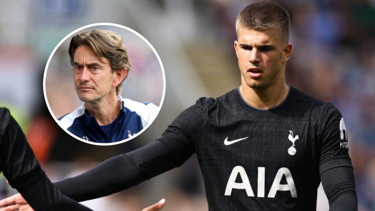 Luka Vuskovic playing for Tottenham in pre-season alongside an inset of Thomas Frank.
