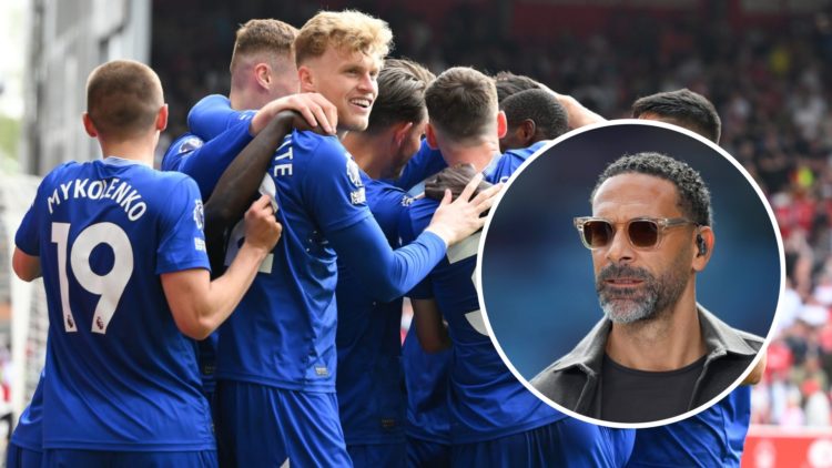Everton defender Jarrad Branthwaite and his teammates celebrate with Rio Ferdinand inset