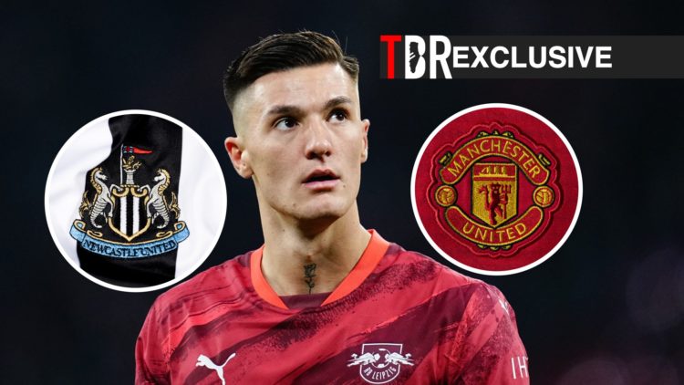 Benjamin Sesko in action for RB Leipzig, Newcastle badge, Manchester United badge, TBR logo and exclusive tag inset