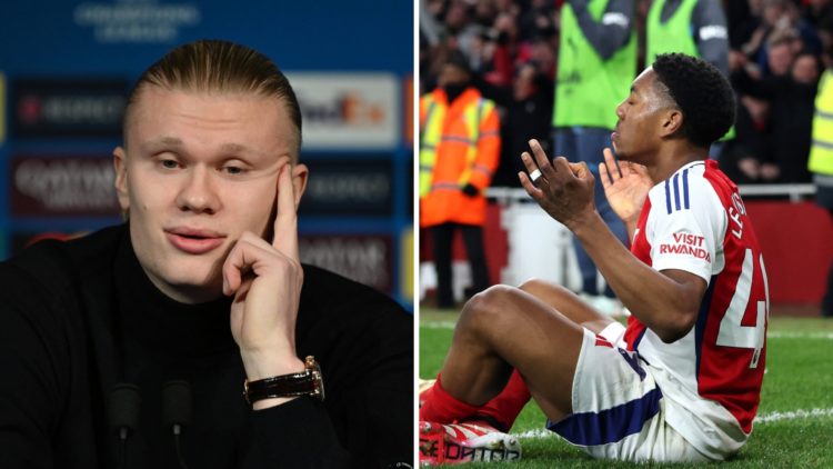 Split image of (L) Erling Haaland at a press conference and (R) Myles Lewis-Skelly celebrating after scoring for Arsenal against Manchester City