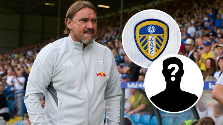 Leeds United manager Daniel Farke with the Leeds badge and mystery player graphic inset