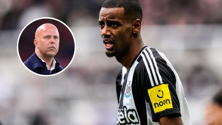 Newcastle United striker Alexander Isak with inset of Liverpool manager Arne Slot