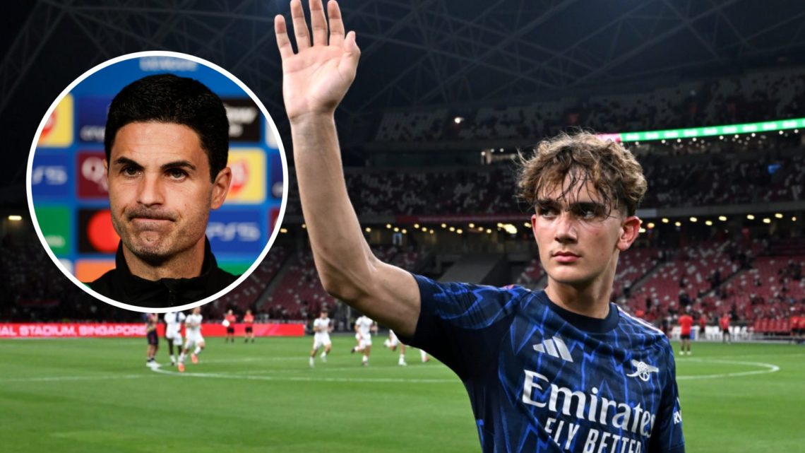 Arsenal midfielder Max Dowman after AC Milan match. Inset of Arsenal boss Mikel Arteta.