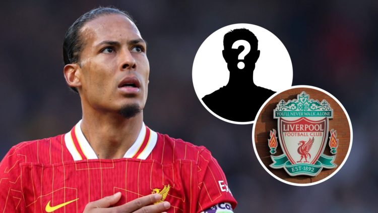 Virgil van Dijk of Liverpool (left), Liverpool badge and mystery player overlay (right)
