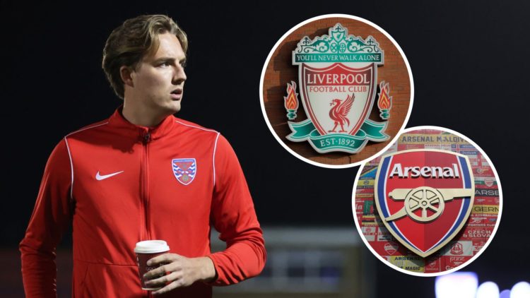 Will Wright of Salford looks on (left), Arsenal and Liverpool badge (right)