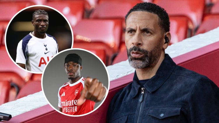 Rio Ferdinand alongside insets of Tottenham's Mohammed Kudus and Arsenal's Noni Madueke.