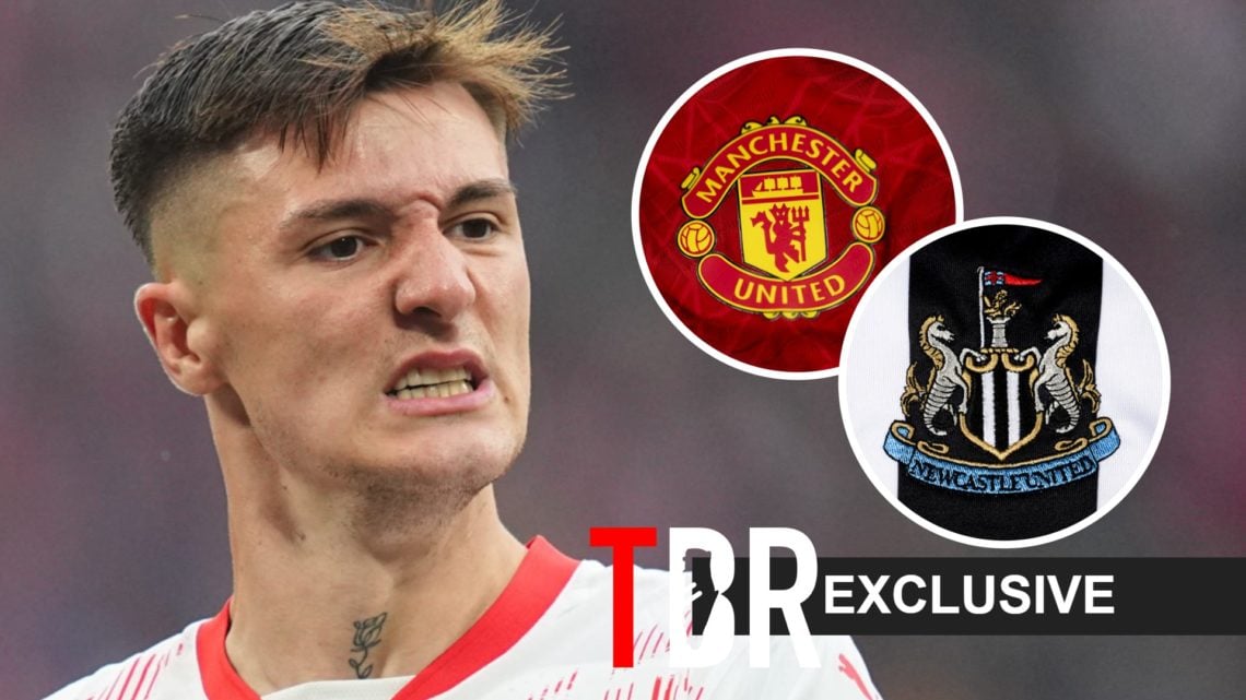 Benjamin Sesko with a Manchester United badge and a Newcastle badge