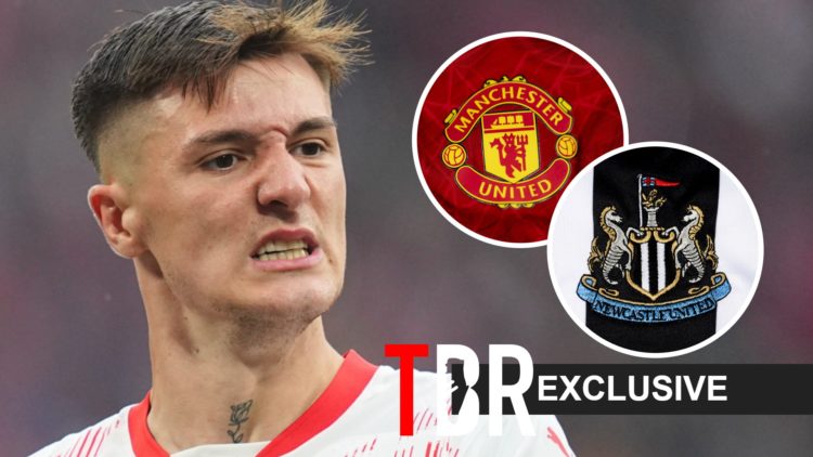 Benjamin Sesko with a Manchester United badge and a Newcastle badge