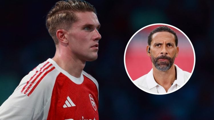 Viktor Gyokeres looks on during his Arsenal debut alongside an inset of Rio Ferdinand.