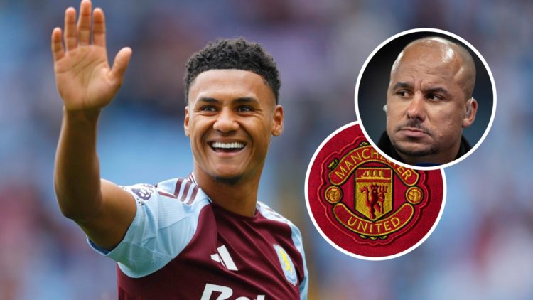 Ollie Watkins celebrating after scoring a goal for Aston Villa. Gabriel Agbonlahor watches Aston Villa vs Liverpool. Manchester United Club Crest.