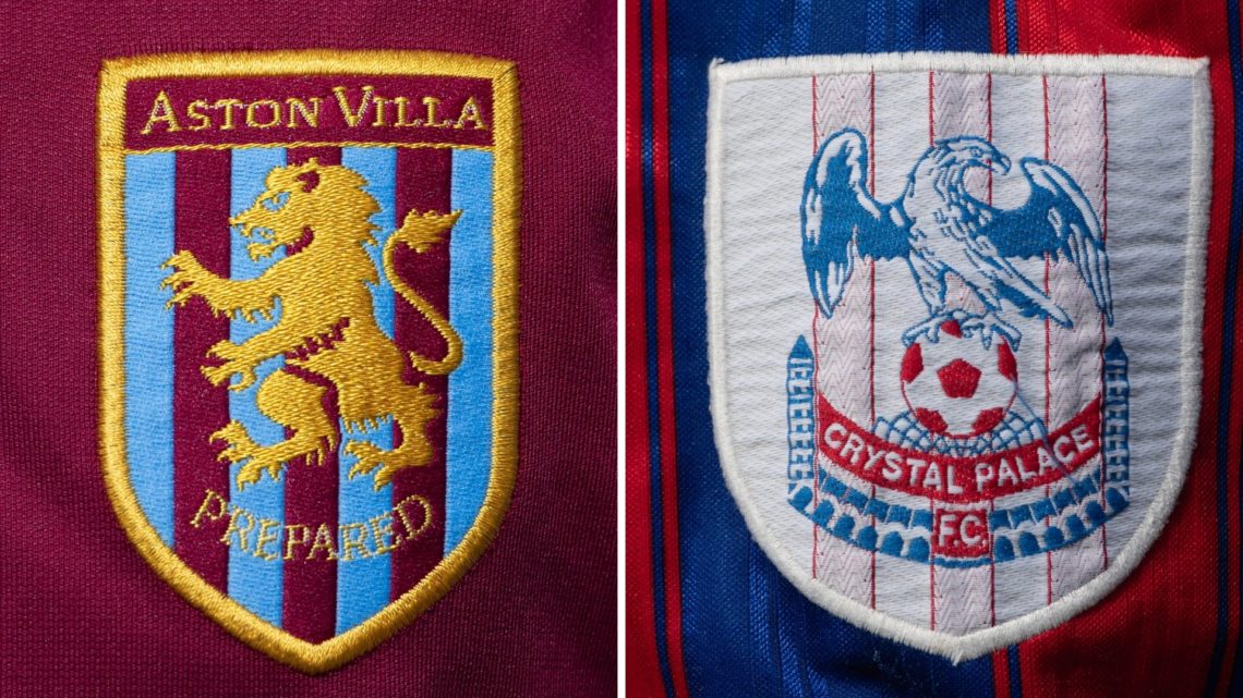 Split image of the Aston Villa crest and the Crystal Palace crest